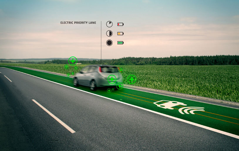 Electric vehicle driving on a futuristic smart road with an electric priority lane. 
