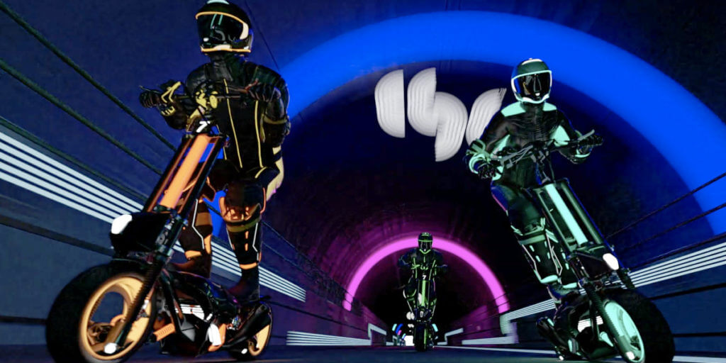 Two men racing scooters through a dark tunnel with helmets on and neon lighting on the scooters. 